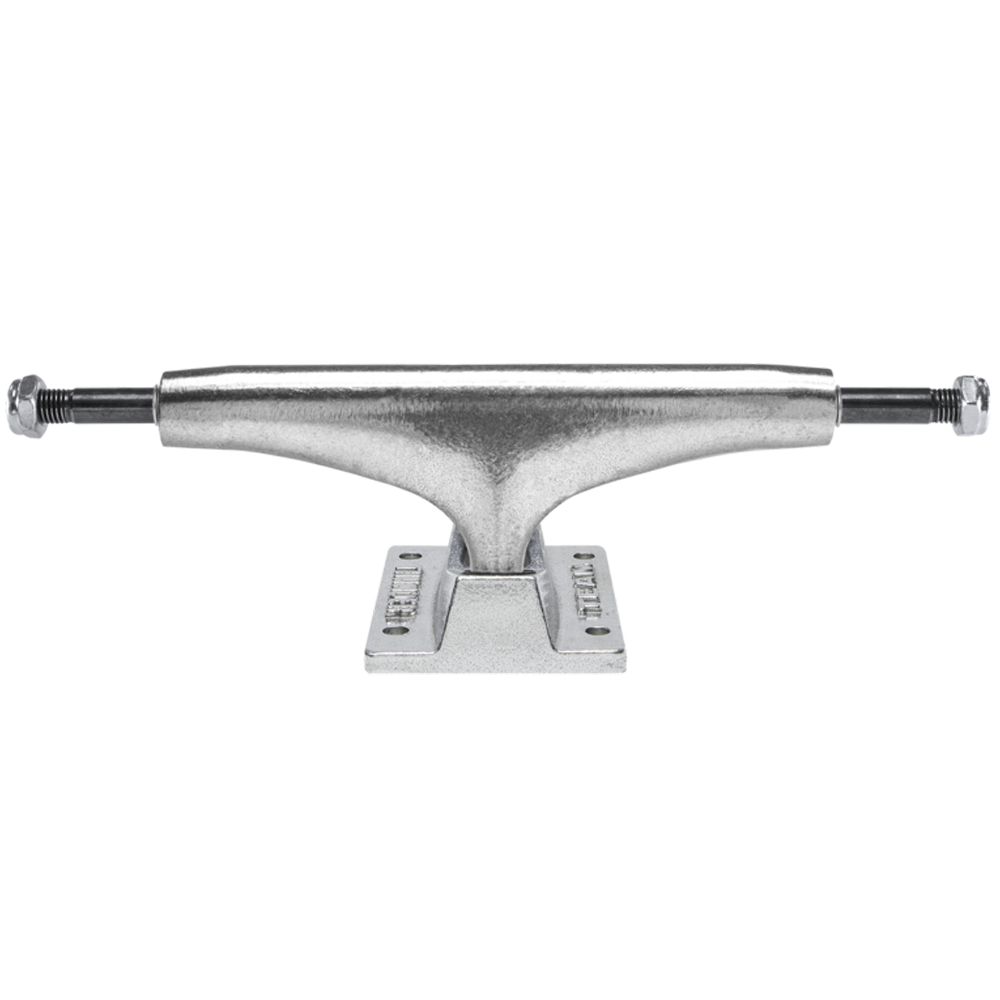 A front view of the Inverted Editions Thunder 149 Trucks Set of TWO Polished, showing the axle, hanger, and baseplate against a white background—ideal for skaters needing durable skateboard trucks.