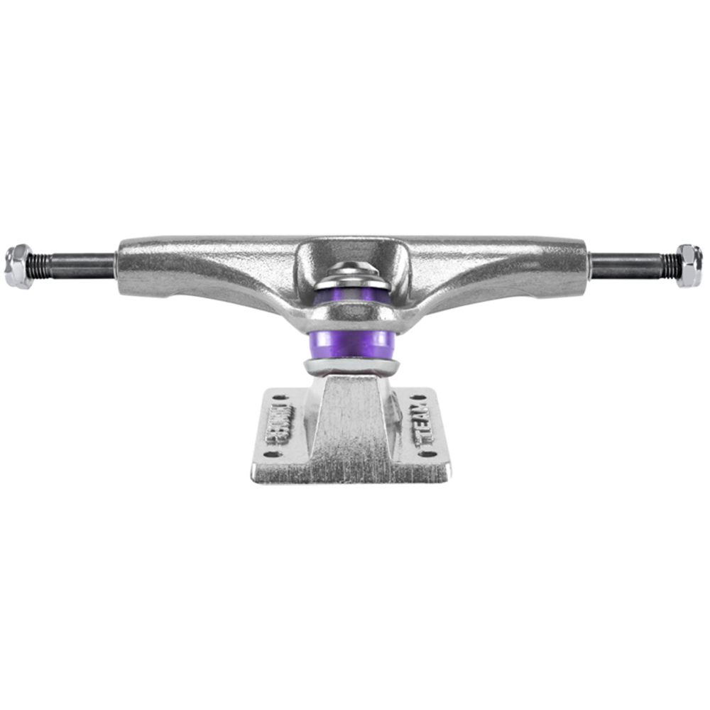 A set of two Inverted Editions Thunder 147 Trucks in polished silver, each featuring a purple bushing, is shown from the front to display the axle, kingpin, and baseplate—perfect for skaters seeking durable skateboard trucks.