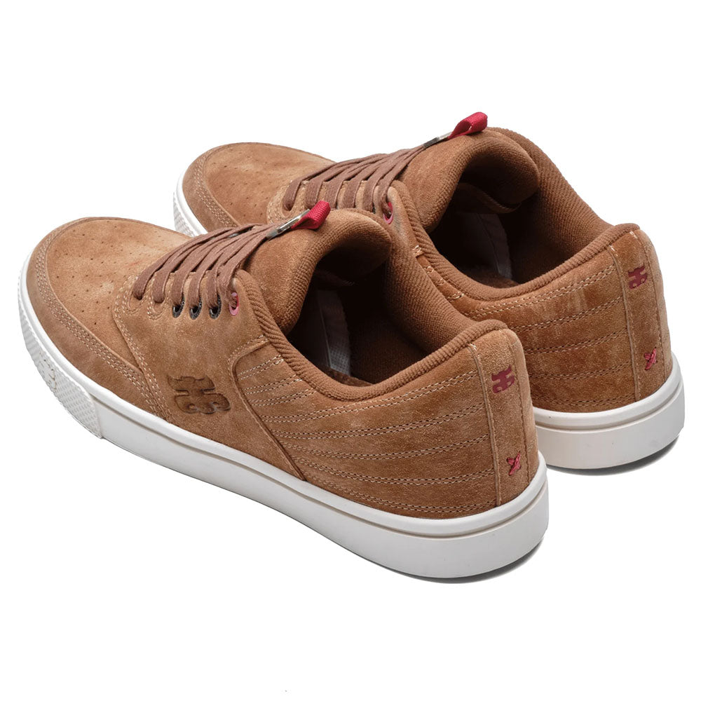 Poet Suede Brown Suede I Path Skateboarding shoes with white rubber soles, brown laces, subtle side logo, and small red accents on the heel and tongue, pictured from rear and side angles.