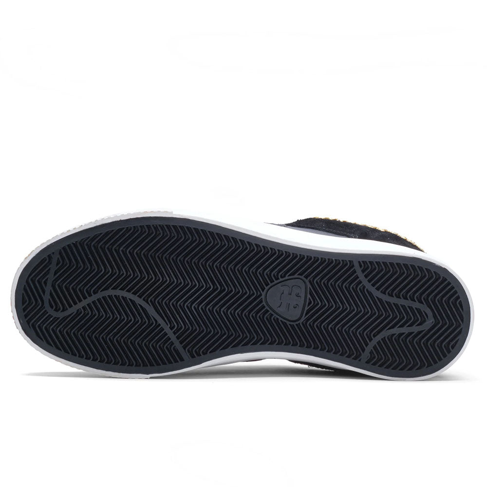 The image shows the black, textured rubber sole of the Kenny Reed Low Vulc Black Leather Suede I Path Skateboarding Shoe, with a white edge, herringbone traction pattern, and a heart-shaped “ff” logo in the center.