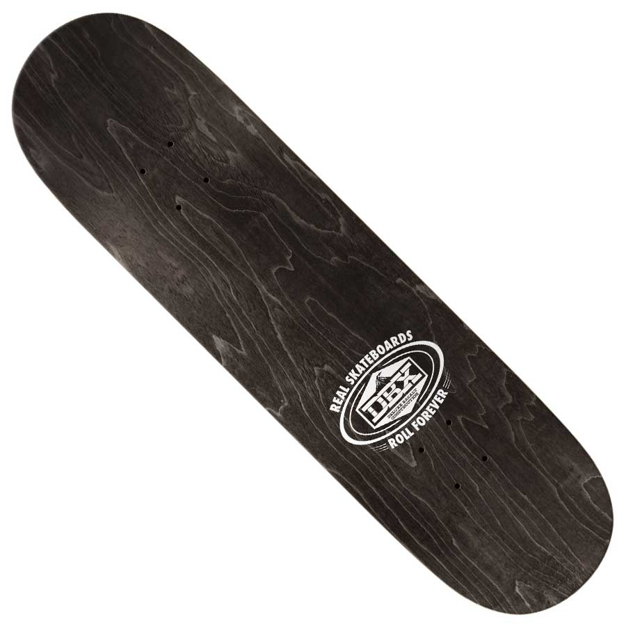 The Ishod Cat Cerebrus Tail 8.38x32.1 Black Real Skateboard Deck features a sleek black finish, visible wood grain, and a white "REAL SKATEBOARDS ROLL FOREVER" logo near one end.