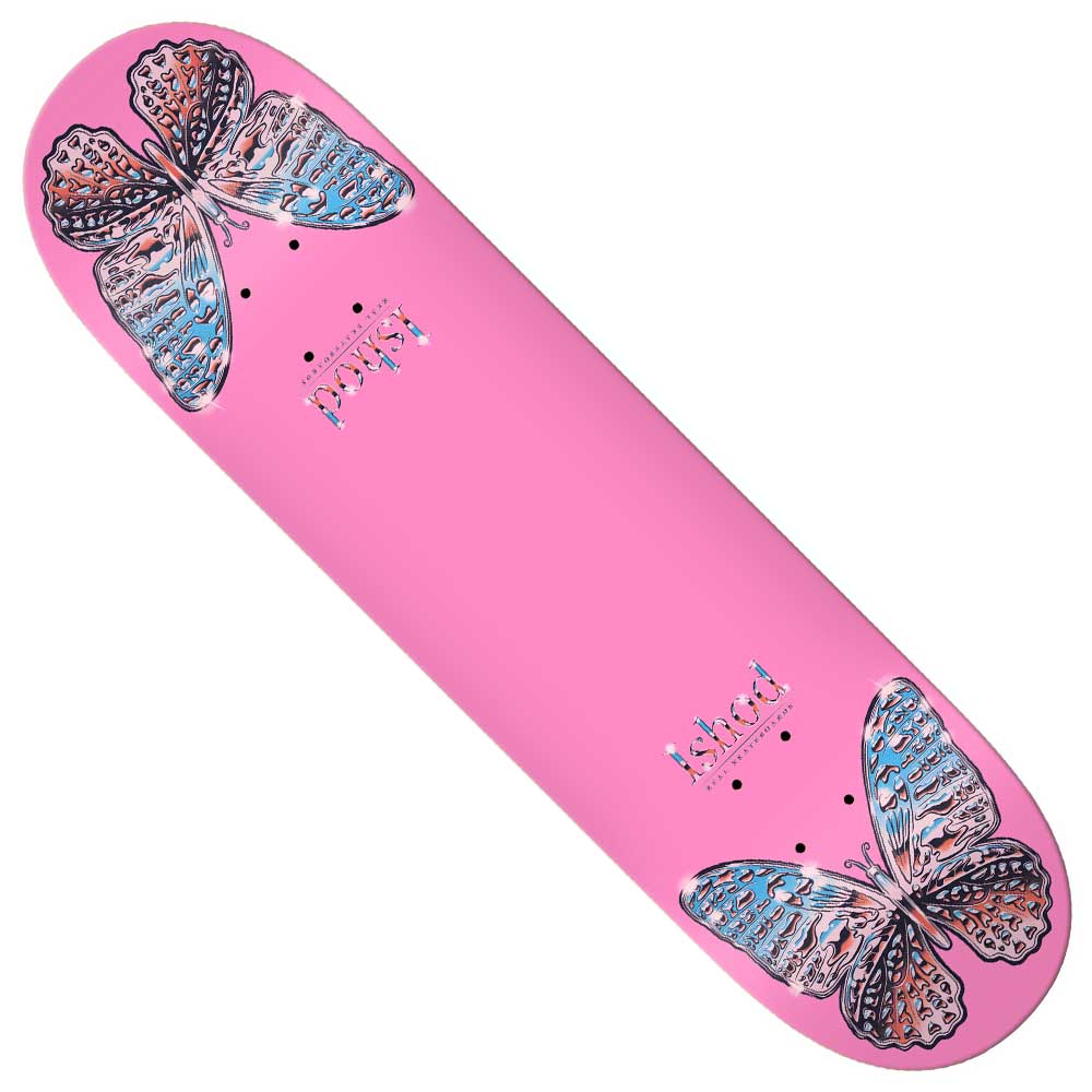 The Ishod Mariposa Twin Tail 8.25x31.8 Pink Real Skateboard Deck features two large, detailed butterflies with blue and black accents—one at the top, one at the bottom—and "Faked" in blue lettering.