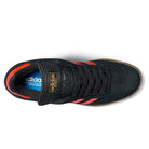 Top view of JH8134 Black Orange Gum Busenitz Adidas Skateboarding Suede Shoes: black upper, orange stripes, black laces, brown gum sole, gold Adidas logo on tongue, and blue inner text—a classic suede skate shoe style.