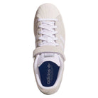Top view of the JH8141 White Silver White Pro Shell Mid Trainers ADV by Adidas—suede skateboarding shoes featuring a shell toe, white laces, Velcro strap, and blue branding on the insole for classic vintage style.