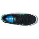 Top view of JH8143 Nora Black Green Suede Adidas Skateboarding Shoes with vintage-inspired black suede, green stripes, black laces, white sole, and blue insole featuring the Adidas logo and Nora Vasconcellos text.