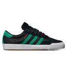 The JH8143 Nora Black Green Suede Adidas Skateboarding Shoes feature a vintage-inspired black design with green stripes, white sole, gold Adidas text near the laces, and textured mesh sides, inspired by Nora Vasconcellos' signature style.