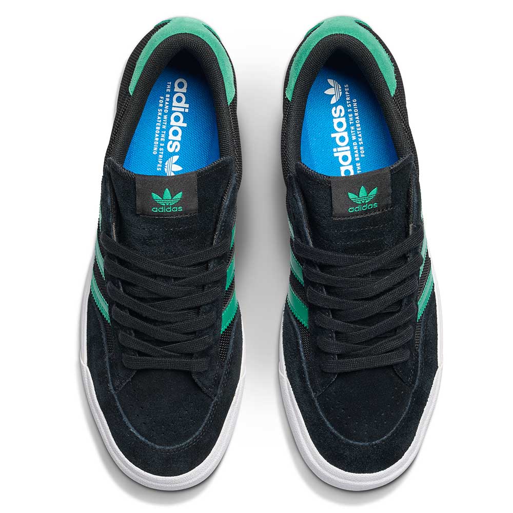 Top view of JH8143 Nora Black Green Suede Adidas Skateboarding Shoes: black sneakers with green stripes and logo, black laces, white midsoles, and blue insoles with Adidas branding.