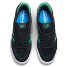 Top view of JH8143 Nora Black Green Suede Adidas Skateboarding Shoes: black sneakers with green stripes and logo, black laces, white midsoles, and blue insoles with Adidas branding.