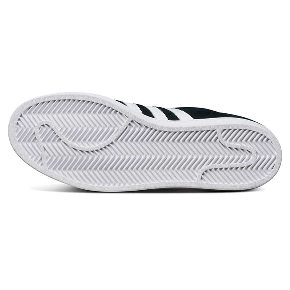 The image shows the sole of the JH8146 Black White Gold Suede Pro Model ADV Adidas Skateboarding Shoes, with a white rubber herringbone tread and curved lines. The black suede and white upper is partly visible.