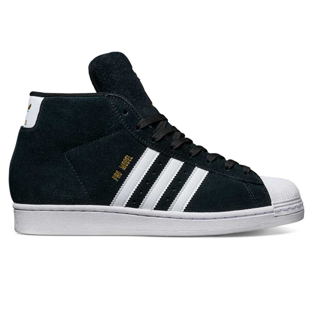The JH8146 Black White Gold Suede Pro Model ADV Adidas Skateboarding Shoe is a black high-top with white stripes, a white sole and toe cap, gold Pro Model text on the side, and is crafted from black suede for stylish skateboarding.