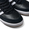 Close-up of the JI 0846 Black White Gum Tyshawn II Adidas Skateboarding Shoes, featuring black leather and suede uppers with white side stripes, perforations, black laces, and classic white soles.