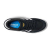 Top view of the JI 0846 Black White Gum Tyshawn 2 II Adidas Skateboarding Leather Suede Shoe with white stripes, blue Adidas-logo insole, black laces, white sole edge, and gold Adidas symbol on the tongue.