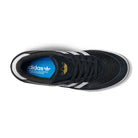Top view of the JI 0846 Black White Gum Tyshawn 2 II Adidas Skateboarding Leather Suede Shoe with white stripes, blue Adidas-logo insole, black laces, white sole edge, and gold Adidas symbol on the tongue.