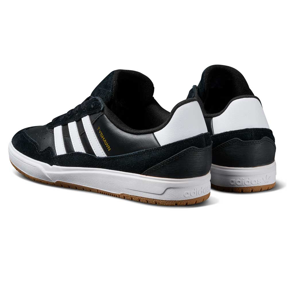 The JI 0846 Black White Gum Tyshawn 2 II Adidas Skateboarding Shoes feature black leather and suede, white stripes, gum soles, and "TOP SALA" in gold on the side, shown from a back and side view on a white background.