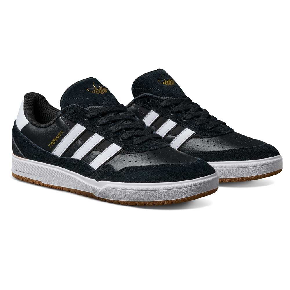 The JI 0846 Black White Gum Tyshawn 2 II Adidas Skateboarding Shoes feature leather suede uppers, three white stripes, gold TYSHAWN text, and brown rubber soles, shown on a white background.