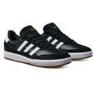 The JI 0846 Black White Gum Tyshawn 2 II Adidas Skateboarding Shoes feature leather suede uppers, three white stripes, gold TYSHAWN text, and brown rubber soles, shown on a white background.