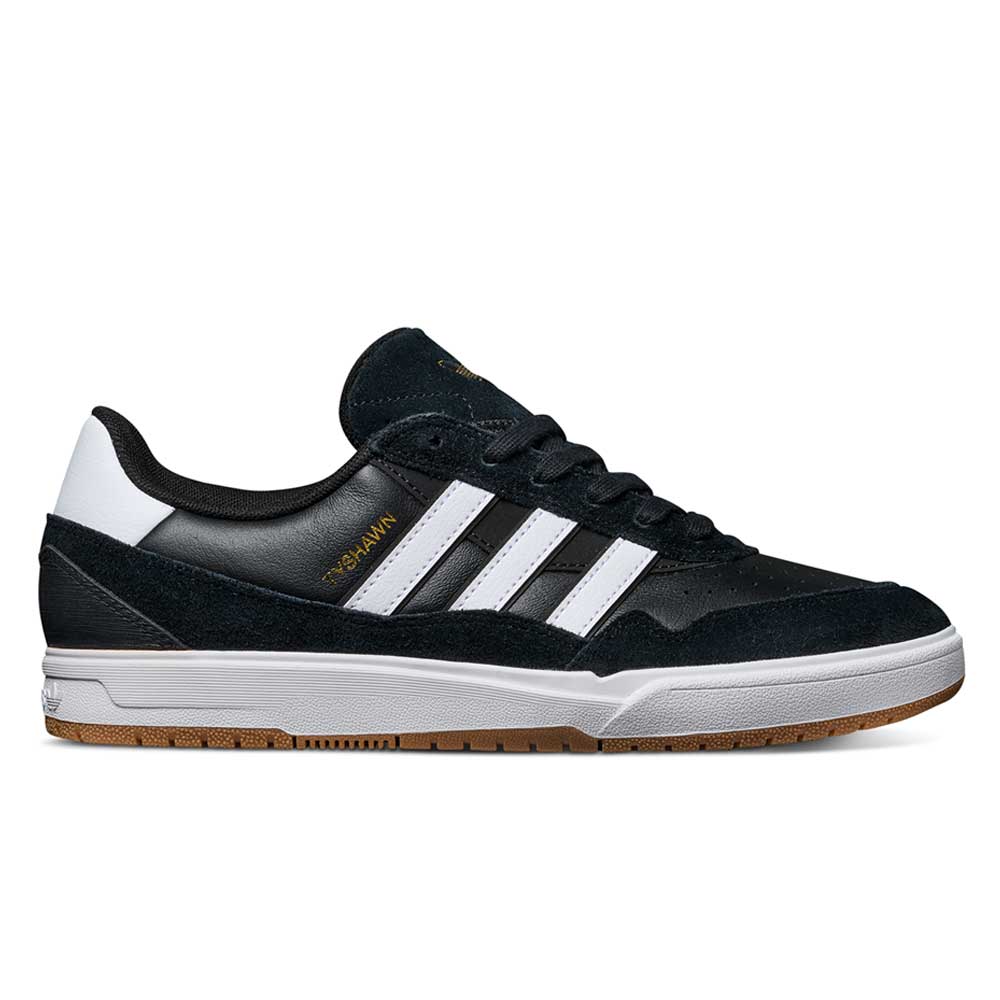 The JI 0846 Black White Gum Tyshawn 2 II Adidas Skateboarding Shoe features black leather and suede, white stripes, gold CAMPUS text, black laces, a white heel, and a brown rubber sole, shown side profile on a white background.