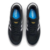 A pair of JI 0846 Black White Gum Tyshawn 2 II Adidas Skateboarding Leather Suede Shoes, seen from above. They feature white stripes, blue insoles with the Adidas logo, and tongues with a gold Adidas trefoil logo.