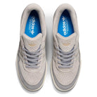 A pair of JI0848 Granite White Tyshawn 2 II Adidas Skateboarding leather suede shoes viewed from above, featuring blue insoles with the Adidas logo and classic three stripes on the sides.