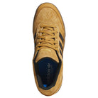Top view of the JI0851 Mesa Black Gum Tyshawn 2 II adidas leather suede skateboarding shoe in tan with black stripes, tan laces, perforated toe, blue insole with white adidas logo, and classic cupsole construction.