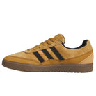 The JI0851 Mesa Black Gum Tyshawn 2 II adidas skateboarding shoe features tan suede and leather, three black stripes, a brown cupsole, tan laces, and black lining. Left side profile view against a white background.