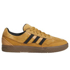 The JI0851 Mesa Black Gum Tyshawn 2 II Adidas Leather Suede Skateboarding Shoe is shown in side profile, featuring tan suede, black stripes, gold branding, tan laces, and a brown cupsole on a white background.