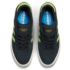 A pair of JP5655 Black Neon Green Busenitz Vulc Suede Adidas Skateboarding Shoes, featuring neon green stripes, blue insoles with the Adidas logo, and white midsoles, viewed from above.