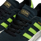 Close-up of JP5655 Black Neon Green Busenitz Vulc Suede Adidas Skateboarding Shoes featuring black suede, neon green stripes, black laces, gold Busenitz branding on tongue and side, and partially visible white soles.