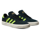 The JP5655 Black Neon Green Busenitz Vulc Suede Adidas Skateboarding Shoes feature dark blue suede uppers, bright green stripes, a white sole, black laces, and neon green heel details—blending iconic style with top performance.