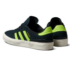 The JP5655 Black Neon Green Busenitz Vulc Suede Adidas Skateboarding Shoes feature black uppers, bold neon green stripes and heel accents, white soles, and BUSENITZ in gold on the side, shown from back and side angles.