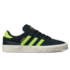 The JP5655 Black Neon Green Busenitz Vulc Suede Adidas Skateboarding Shoe features neon green stripes and accents, black laces, a white sole, suede upper, and gold "BUSENITZ" on the side, shown in side profile on a white background.