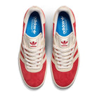 Top view of JP5861 Red White Gold Gazelle ADV Adidas Skateboarding suede shoes with cream stripes and laces, blue insoles with Adidas logo, soft suede texture, and white midsoles.
