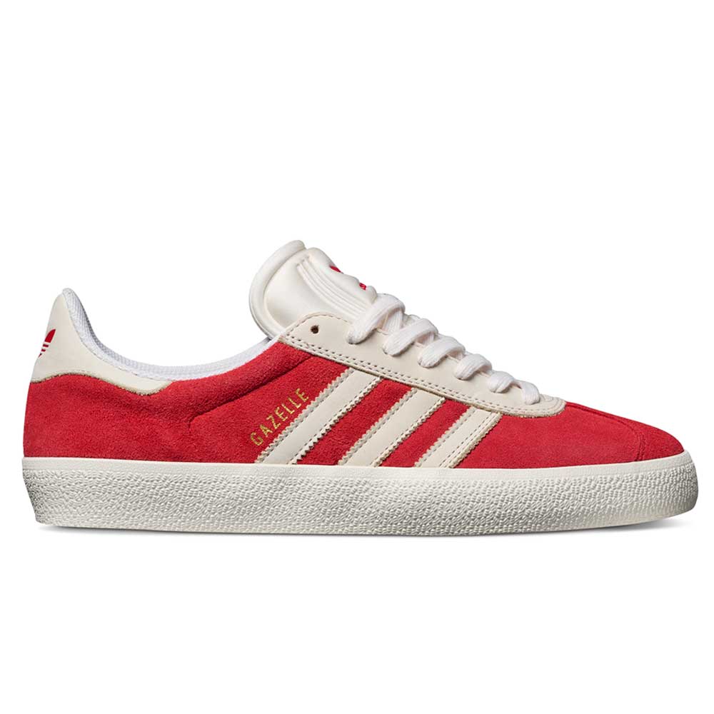 The JP5861 Red White Gold Gazelle ADV Adidas Skateboarding Suede Shoes feature a red and white suede upper, white laces, gold GAZELLE text, three white stripes, and a textured white sole, designed for skateboarding.