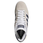 Top view of the JP8604 Brown Navy Busenitz Adidas Skateboarding Suede Shoes featuring a beige suede upper, white laces, dark blue side stripes, and Adidas branding on the tongue and insole.