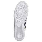 The image shows the white rubber sole of JP8604 Brown Navy Busenitz Adidas Skateboarding Suede Shoes with circular and geometric tread patterns. The adidas logo is embossed near the center, and stripes appear on the suede upper.
