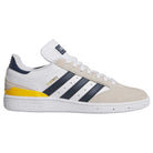 The JP8604 Brown Navy Busenitz Adidas Skateboarding Suede Shoes feature a brown suede upper, navy blue stripes, beige accents, a yellow heel detail, gold BUSENITZ lettering, white laces, and a textured white sole for standout style and function.