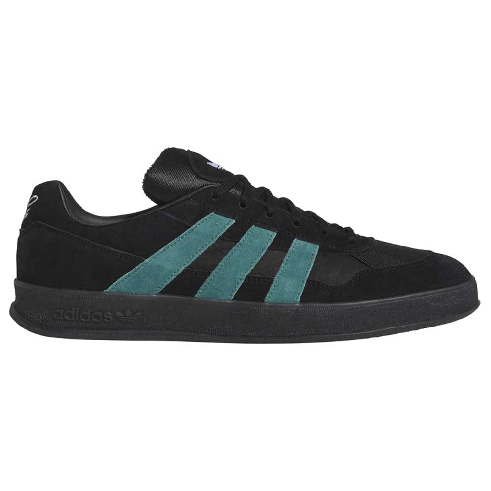 The JQ1042 Black Prete Aloha Super Suede Leather Skateboarding Shoes feature premium black suede, teal suede stripes, a black sole, and Adidas logos on the heel and side for excellent board control.