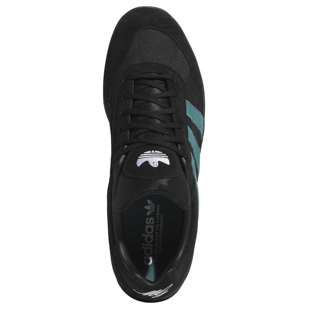 Top view of the JQ1042 Black Prete Aloha Super Suede Leather Skateboarding Shoe, with teal side stripes, black laces, and white Adidas logos on the tongue and heel—designed for superior board control.