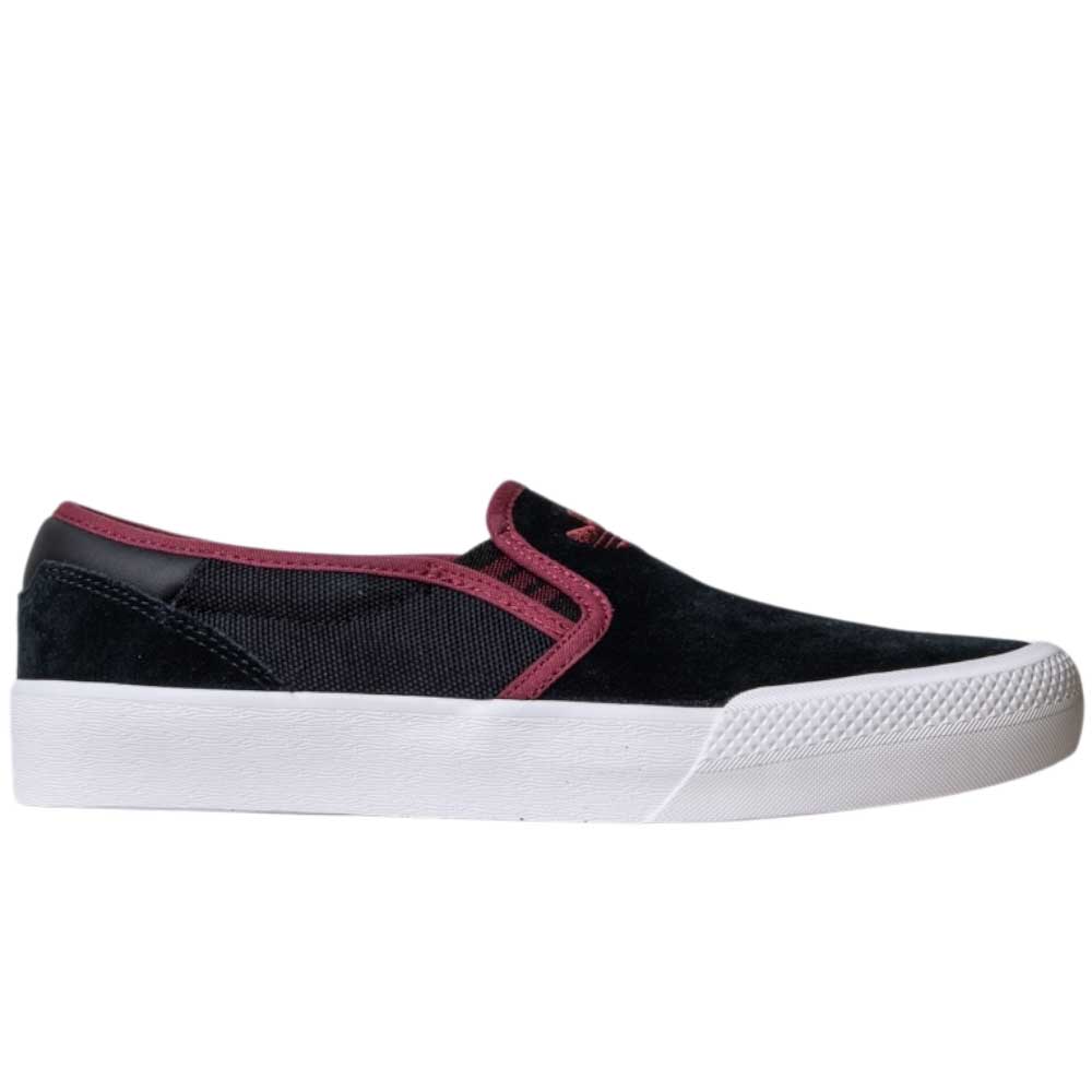 The JQ1044 Black Share Shmoofoil Slip by Adidas Skateboarding is a black suede slip-on with a white rubber sole and maroon trim—a stylish pick for fans of black footwear.