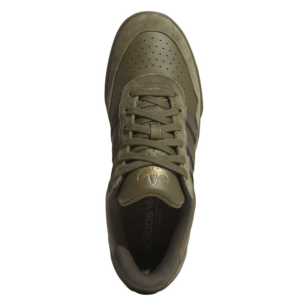 Top view of JQ1132 Olive Strata Shadow Olive Tyshawn 2 II Adidas Skateboarding Shoes, featuring premium leather construction, perforated toe, matching laces, and a gold Adidas logo on the tongue.