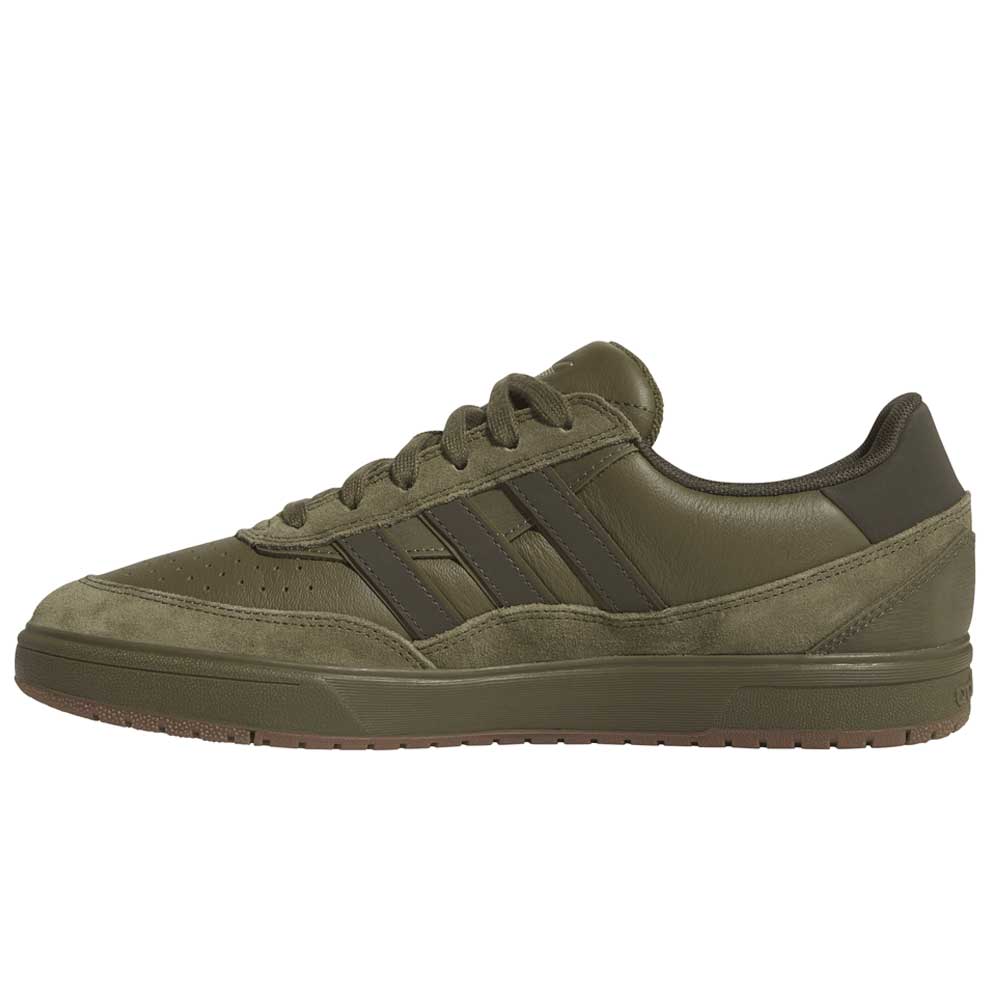 The JQ1132 Olive Strata Shadow Olive Tyshawn 2 II Adidas Skateboarding Shoes feature suede and leather, three dark green stripes, a lace-up front, flat rubber sole, and responsive Lightstrike midsole, inspired by the Tyshawn 2.