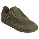 The JQ1132 Olive Strata Shadow Olive Tyshawn 2 II Adidas Skateboarding Shoes feature suede and premium leather panels, perforated toe box, stitched details, gold TYSHAWN text, Lightstrike midsole, and Adidas tongue logo.