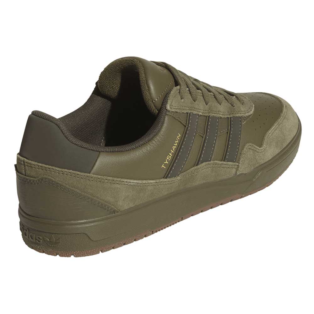 JQ1132 Olive Strata Shadow Olive Tyshawn 2 II Adidas Skateboarding Shoes feature premium leather and suede in olive green, black stripes, TYSHAWN in gold on the side, brown sole, Lightstrike midsole, and padded collar, shown from a back/side view.
