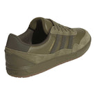 JQ1132 Olive Strata Shadow Olive Tyshawn 2 II Adidas Skateboarding Shoes feature premium leather and suede in olive green, black stripes, TYSHAWN in gold on the side, brown sole, Lightstrike midsole, and padded collar, shown from a back/side view.