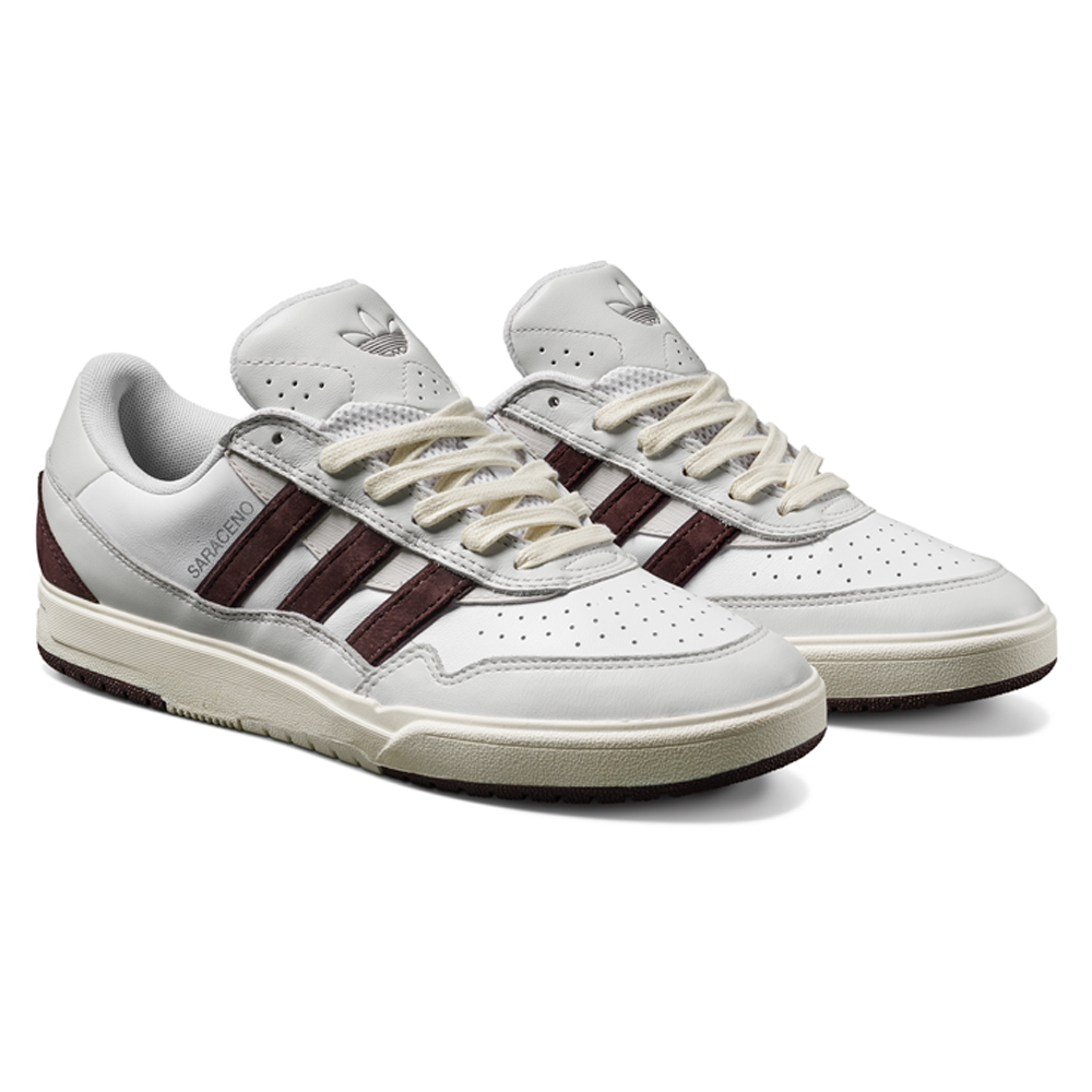 The JQ1620 Crystal White Brown Zach Saraceno Tyshawn 2 Adidas Skateboarding Shoes feature premium leather, brown stripes and accents, perforated details, beige laces, a cream sole, and a responsive Lightstrike midsole.
