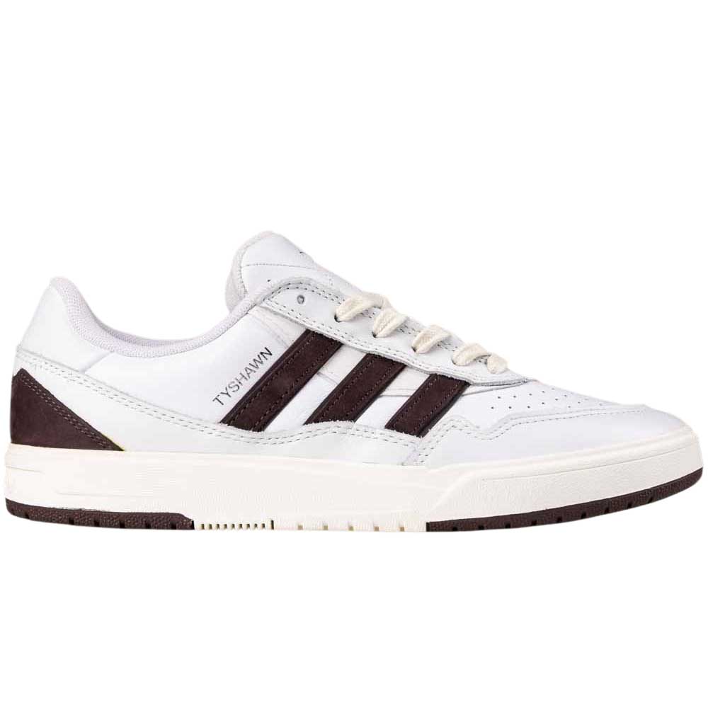 The JQ1620 Crystal White Brown Zach Saraceno Tyshawn 2 II Adidas Skateboarding Shoes feature a sleek white design with brown accents, Lightstrike midsole, and white laces for comfort and style, displaying the TYSVAWN name on the side.