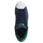 Top view of JQ2098 Navy Green White Superstar ADV Adidas Suede Skateboarding Shoe featuring green stripes, white shell toe, durable cupsole, black laces, and Adidas logo on the green tongue label.