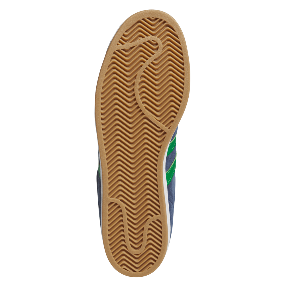 The JQ2098 Navy Green White Superstar ADV Adidas Suede Skateboarding Shoes feature a gum rubber sole with a herringbone tread, wavy curved grooves, blue and green accents from the upper, and a durable cupsole for lasting skate performance.