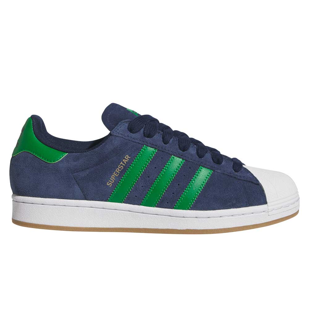 The JQ2098 Navy Green White Superstar ADV Adidas Suede Skateboarding Shoes feature green stripes, a white shell toe, dark blue laces, tan rubber sole, and durable cupsole construction, shown in side profile view.