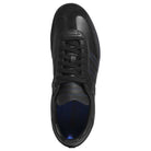 Top view of the JR2059 Black Black Samba ADV Adidas Skateboarding Leather Suede Shoes, featuring black laces, dark blue stitching, a rounded toe, smooth leather, suede accents, and a molded sockliner for comfort.